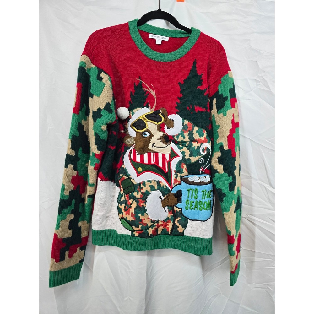 Celebrate Together Mens Reindeer Digital Camo Ugly Christmas Sweater Red Green L